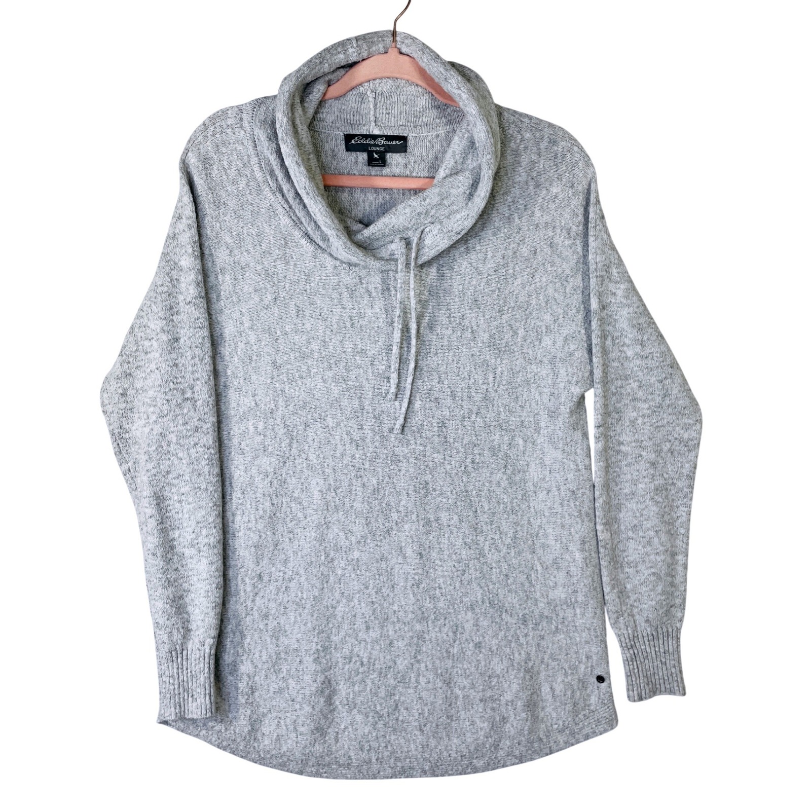 Eddie Bauer Lounge Women L Gray Cowl Neck Drawstring Pullover Sweater Knit Top
